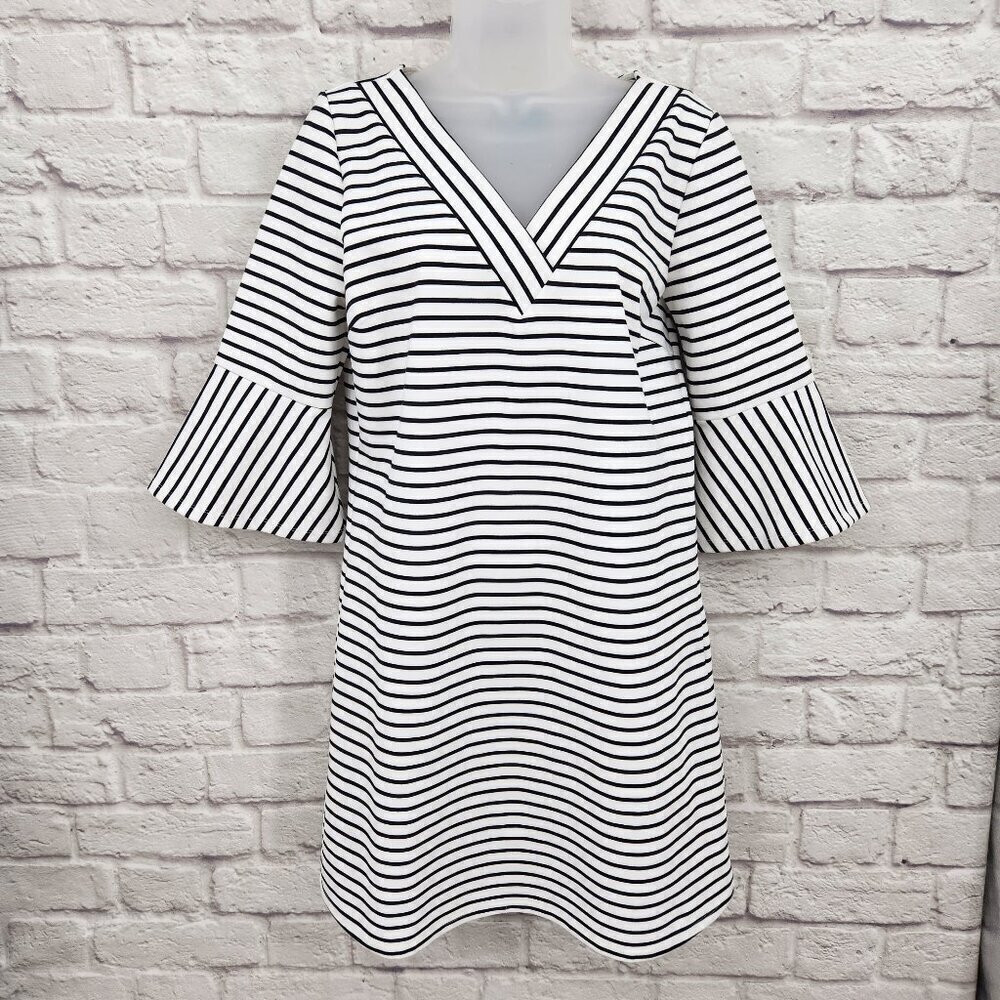 Skies Are Blue Black White Striped V Neck 3/4 Sleeve Tunic Shift Dress Women's M - Picture 1 of 12